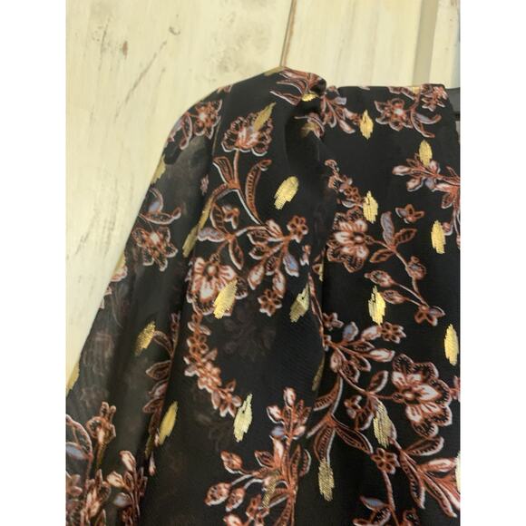 Aqua Floral Metallic Gold Print V-Neck Cocktail Party Mini Dress Long Sleeves XS - Picture 7 of 16